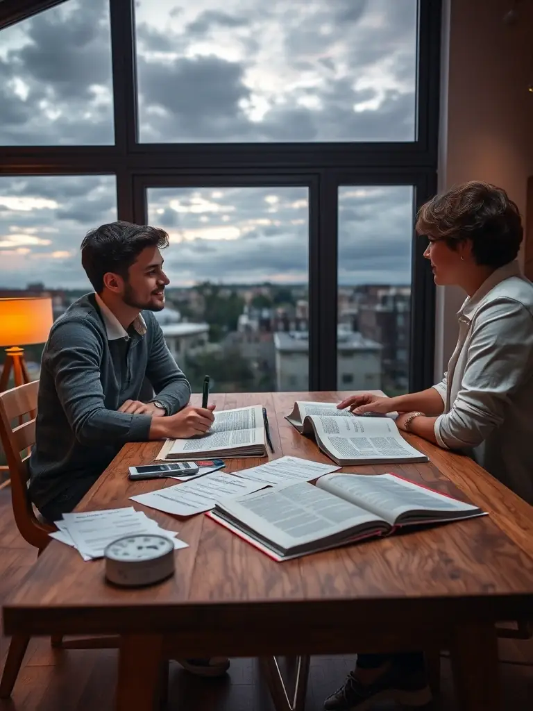 A student and consultant collaboratively brainstorm ideas for an assignment topic, surrounded by books and notes, representing British Assignments Help's topic selection assistance.