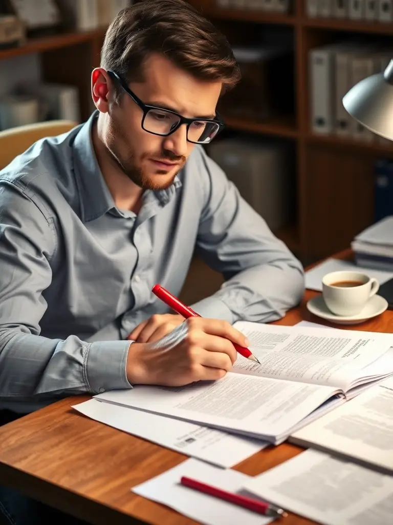 A consultant meticulously reviews a student's essay, marking corrections with a red pen, symbolizing the thoroughness of British Assignments Help's proofreading service.