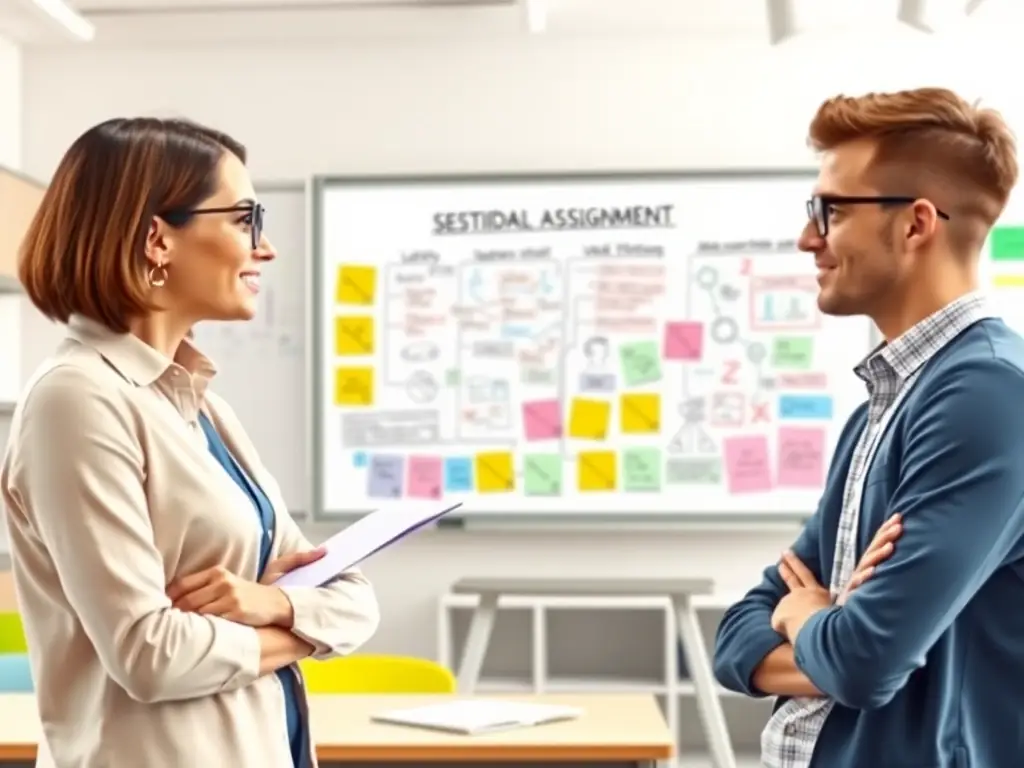 A consultant and a student collaboratively brainstorming ideas for an assignment topic, using a whiteboard filled with notes and diagrams, illustrating the process of topic selection assistance.