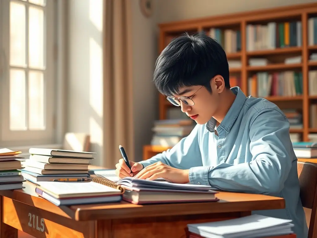 A student working diligently at a desk, surrounded by books and notes, with a focused expression, symbolizing the effort and dedication required for academic success. The scene is well-lit and inviting, suggesting a supportive learning environment.