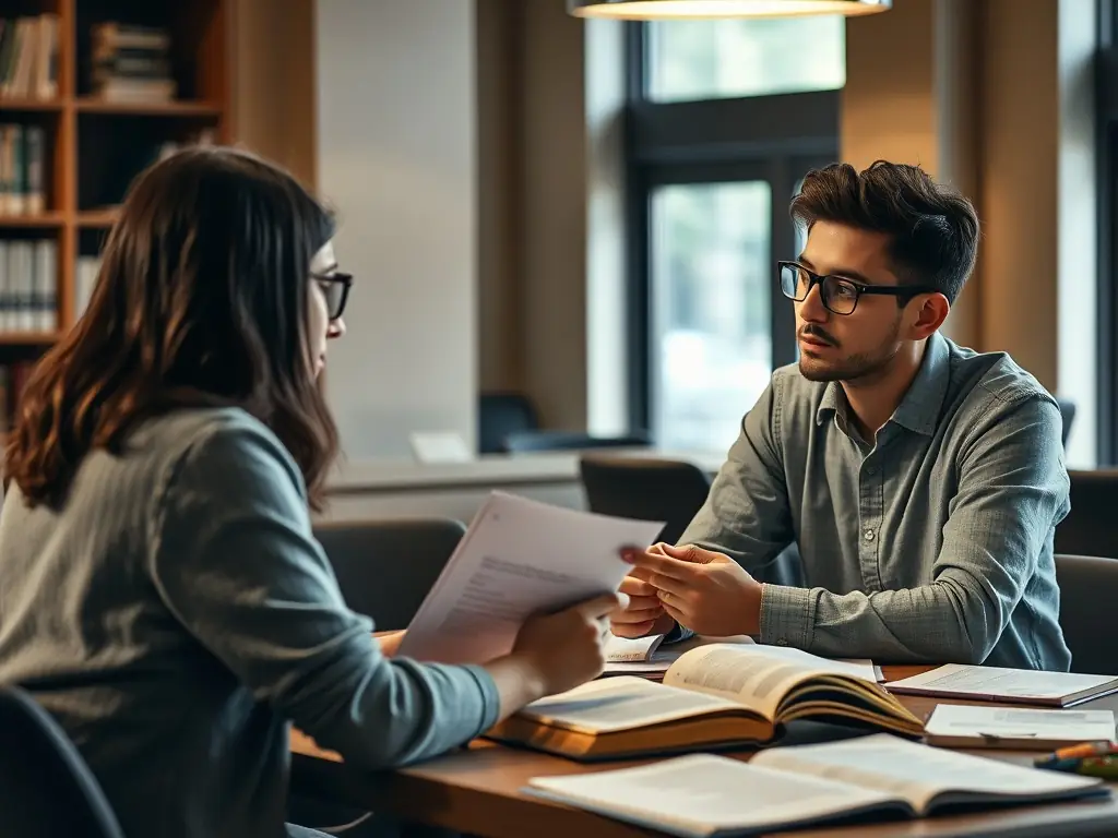 A one-on-one consultation session between a student and a consultant, with both engaged in a discussion, highlighting the personalized guidance and support provided by British Assignments Help.